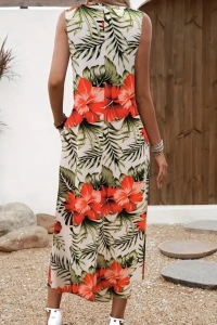 Kadın Askılı Yuvarlak Yaka Cepli Desenli Süprem Elbise