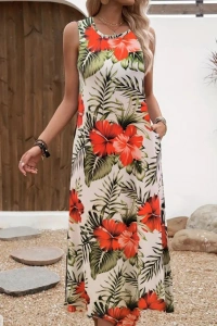 Kadın Askılı Yuvarlak Yaka Cepli Desenli Süprem Elbise