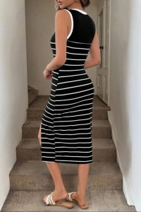 Kadın Askılı Yuvarlak Yaka şerit Detaylı Yırtmaçlı Midi Triko Elbise