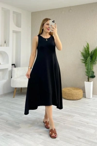 Kadın Askılı Yuvarlak Yakalı Asimetrik Kesim Detaylı Viskon Elbise