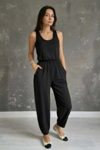 Kadın Askılı Yuvarlak Yakalı Cepli Viskon Tulum