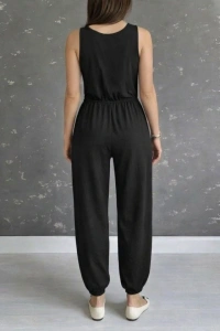 Kadın Askılı Yuvarlak Yakalı Cepli Viskon Tulum