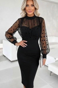 Kadın Balıkçı Yaka Puantiyeli Tül Detay Midi Boy Elbise