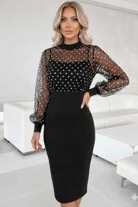 Kadın Balıkçı Yaka Puantiyeli Tül Detay Midi Boy Elbise