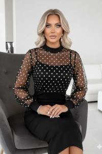 Kadın Balıkçı Yaka Puantiyeli Tül Detay Midi Boy Elbise