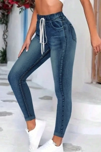 Kadın Belden Bağlamalı Cepli Yüksek Bel Kot Pantolon