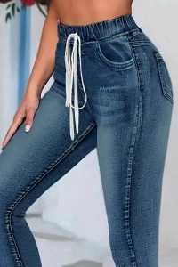 Kadın Belden Bağlamalı Cepli Yüksek Bel Kot Pantolon