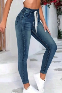 Kadın Belden Bağlamalı Cepli Yüksek Bel Kot Pantolon