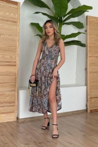 Kadın Beli Gipeli Etnik Desen Sıfır Kol Süprem Elbise