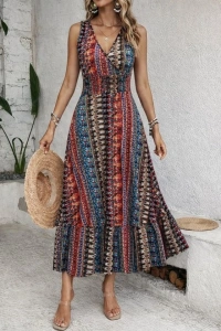 Kadın Beli Gipeli Etnik Desen Sıfır Kol Süprem Elbise