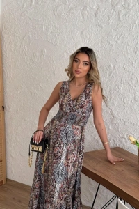 Kadın Beli Gipeli Etnik Desen Sıfır Kol Süprem Elbise