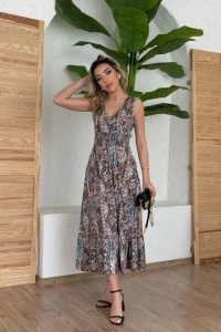 Kadın Beli Gipeli Etnik Desen Sıfır Kol Süprem Elbise