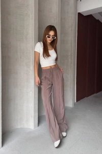 Kadın Beli Lastikli çımalı Tensel Kumaş Ispanyol Paça Pantolon