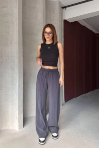 Kadın Beli Lastikli çımalı Tensel Kumaş Ispanyol Paça Pantolon