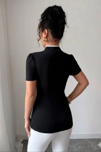 Kadın Beyaz şerit Detaylı Dar Kesim Dik Yaka Bluz