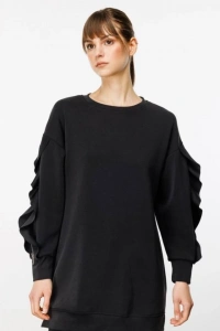 Kadın Bisiklet Yaka Kolları Volan Detay üç Iplik Kumaş Sweat