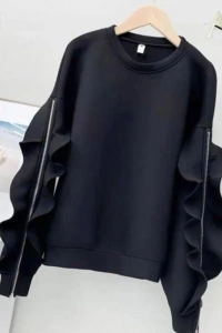 Kadın Bisiklet Yaka Kolları Volan Detay üç Iplik Kumaş Sweat