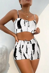 Kadın Büzgü Detay Askılı Crop Mini Tayt Ikili Takım