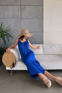 Kadın çan Dokuma Kumaş V Yaka Asimetrik Kesim Elbise