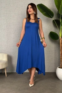 Kadın çan Dokuma Kumaş V Yaka Asimetrik Kesim Elbise