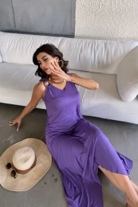 Kadın çan Dokuma Kumaş V Yaka Asimetrik Kesim Elbise