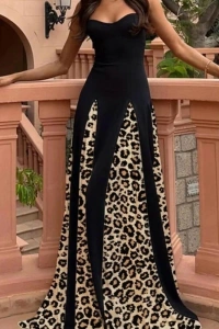 Kadın Dalgıç Kumaş Leopar Desenli Kloş Elbise