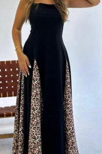 Kadın Dalgıç Kumaş Leopar Desenli Kloş Elbise