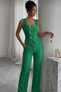 Kadın Düğmeli Bürümcük Kumaş Takım