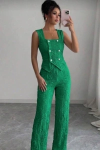 Kadın Düğmeli Bürümcük Kumaş Takım