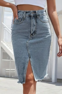 Kadın Elastik Bel Yırtık Kenar Detaylı Kot Etek