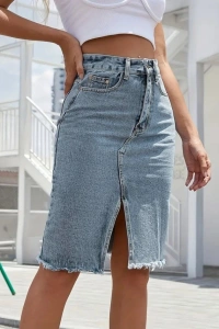 Kadın Elastik Bel Yırtık Kenar Detaylı Kot Etek