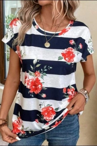 Kadın Gül Desenli çizgili Süprem Tshirt