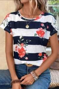 Kadın Gül Desenli çizgili Süprem Tshirt