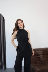 Kadın Halter Yaka Beli Kuşak Detaylı Ikili Takım