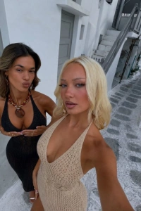 Kadın Halter Yaka Sırt Dekolteli Mayo Bikini üstü Full Transparan Pareo Elbise