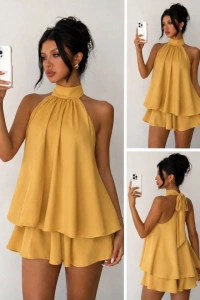 Kadın Halter Yaka Volan Detaylı Mini Elbise