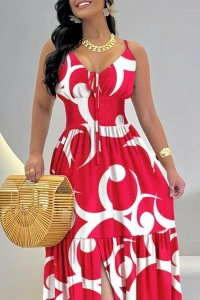 Kadın Ip Askılı Dekolteli Bağcıklı Yırtmaçlı Desenli Süprem Elbise