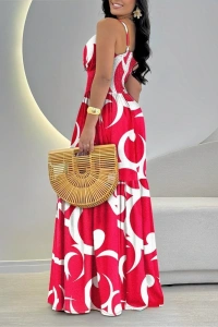 Kadın Ip Askılı Dekolteli Bağcıklı Yırtmaçlı Desenli Süprem Elbise