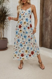 Kadın Ip Askılı Geniş V Yakalı Desenli Süprem Elbise