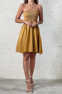 Kadın Ip Askılı Gipeli Desenli Kısa Süprem Elbise