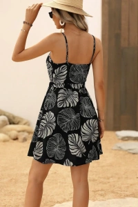 Kadın Ip Askılı Kruvaze Yakalı Beli Lastikli Kısa Desenli Süprem Elbise