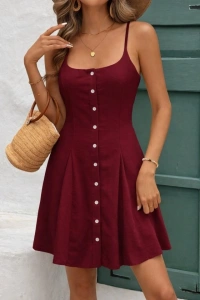 Kadın Ip Askılı önden Düğmeli Bağcıklı Kısa Elbise