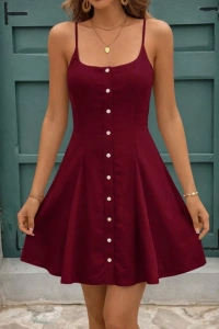 Kadın Ip Askılı önden Düğmeli Bağcıklı Kısa Elbise