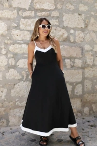 Kadın Ip Askılı V Yakalı çift Renkli Janjan Krep Elbise