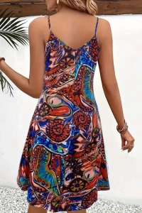 Kadın Ip Askılı V Yakalı Desenli Kısa Süprem Elbise