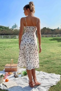 Kadın Ip Askılı Yakadan Bağcıklı Desenli Süprem Elbise