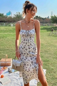 Kadın Ip Askılı Yakadan Bağcıklı Desenli Süprem Elbise