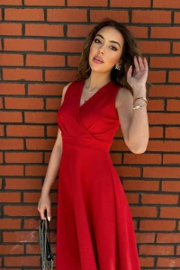 Kadın Ithal Krep Kumaş Kruvaze Yaka Eteği Kloş Kolsuz Mini Elbise