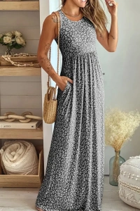 Kadın Kalın Askılı Yuvarlak Yaka Cepli Süprem Maksi Elbise