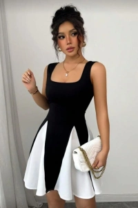 Kadın Kare Yaka çift Renk çan Etek Detay Mini Elbise